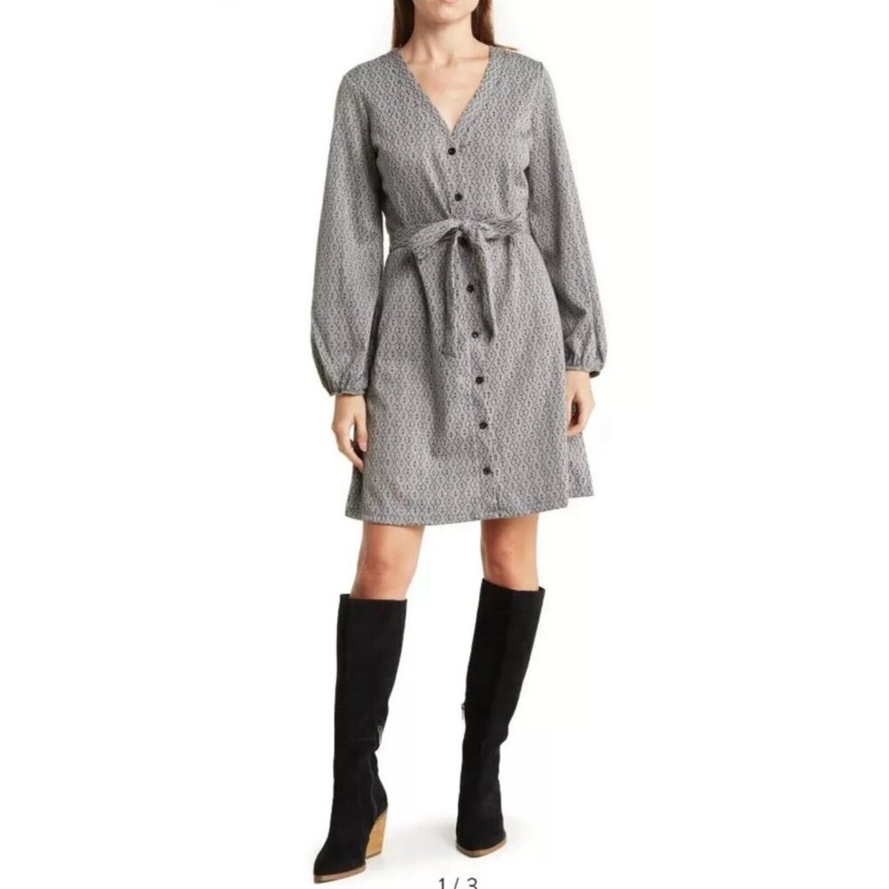 Lucky Brand XL Gray Knit V-neck Button Front Dress Balloon Sleeve Tie Waist 9738